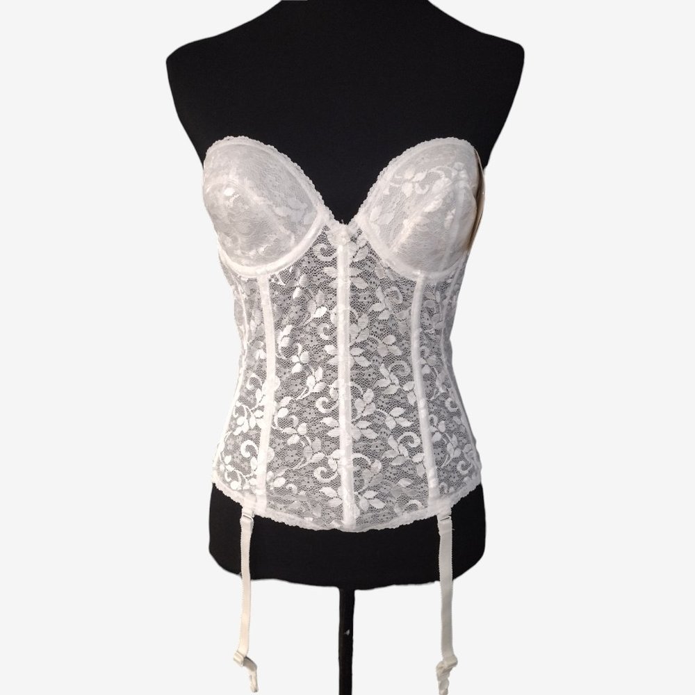 Vintage 90s White Strapless Sheer Lace Underwire Corset With Garters 38A